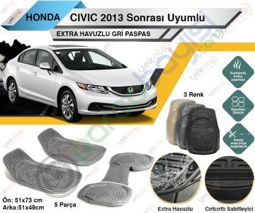Honda Civic 2013 Sonrası Uyumlu Extra Havuzlu Kesilebilir Gri Paspas