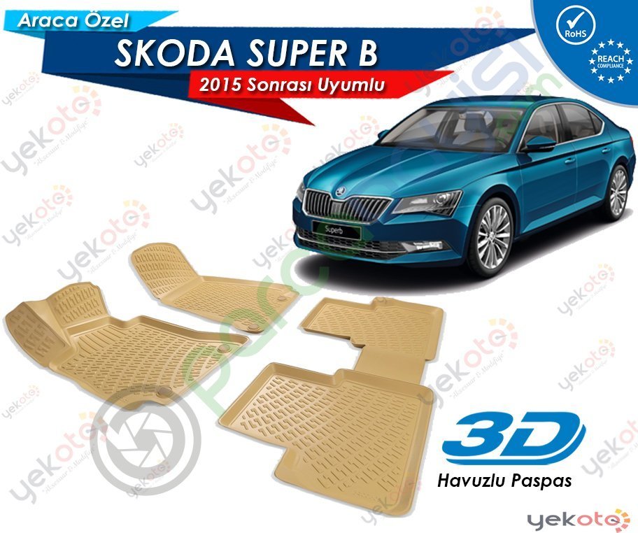 Skoda Süper B 2015 Sonrası Uyumlu Bej Araca Özel 3D Havuzlu Paspas