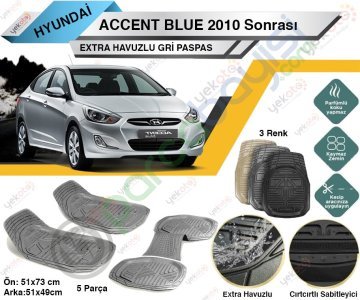 Hyundai Accent Blue 2010 Sonrası Uyumlu Extra Havuzlu Kesilebilir Gri Paspas