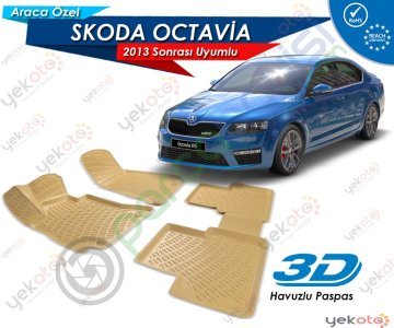 Skoda Octavia 2013 Sonrası Uyumlu Bej Araca Özel 3D Havuzlu Paspas