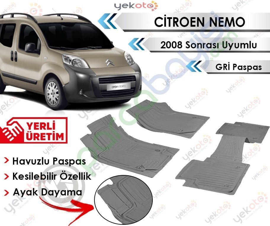 Citroen Nemo 2008 Sonrası Uyumlu Havuzlu Kesilebilir Gri Paspas