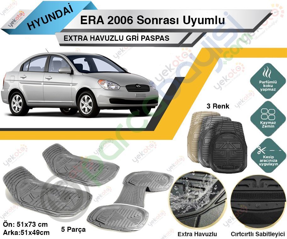 Hyundai Era 2006 Sonrası Uyumlu Extra Havuzlu Kesilebilir Gri Paspas
