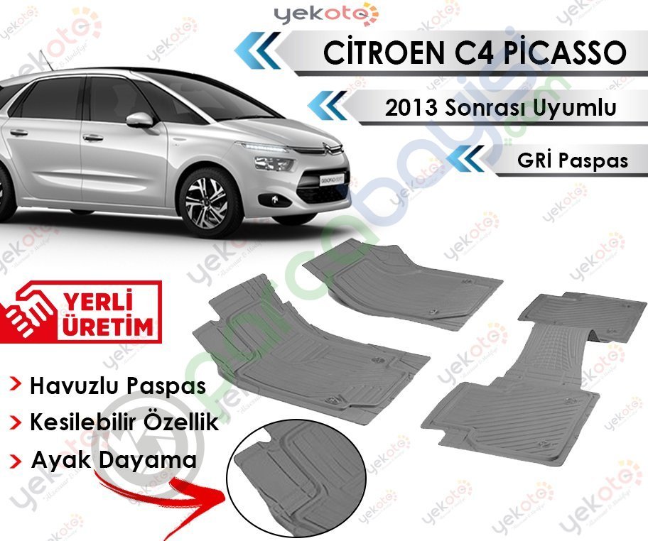 Citroen C4 Picasso 2013 Sonrası Uyumlu Havuzlu Kesilebilir Gri Paspas