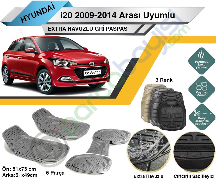 Hyundai İ20 2009-2014 Arası Uyumlu Extra Havuzlu Kesilebilir Gri Paspas