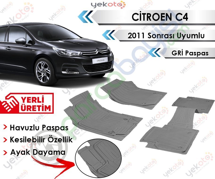 Citroen C4 2011 Sonrası Uyumlu Havuzlu Kesilebilir Gri Paspas