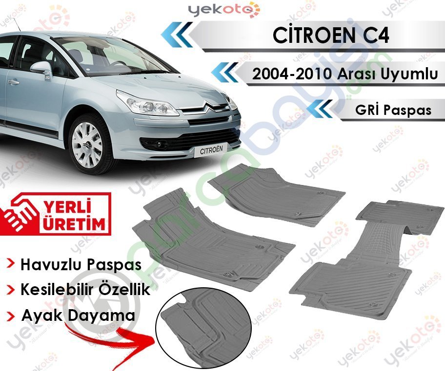 Citroen C4 2004-2010 Arası Uyumlu Havuzlu Kesilebilir Gri Paspas