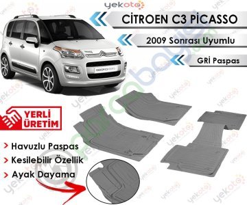 Citroen C3 Picasso 2009 Sonrası Uyumlu Havuzlu Kesilebilir Gri Paspas