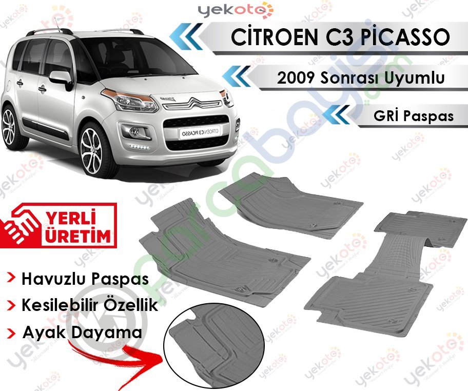 Citroen C3 Picasso 2009 Sonrası Uyumlu Havuzlu Kesilebilir Gri Paspas