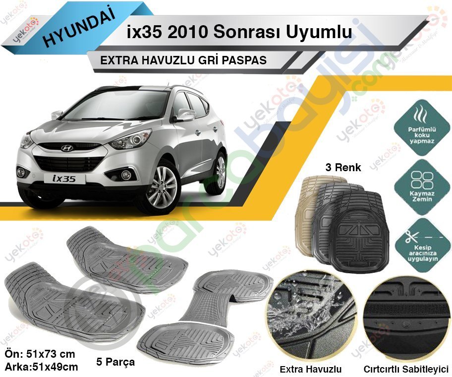 Hyundai İx35 2010 Sonrası Uyumlu Extra Havuzlu Kesilebilir Gri Paspas