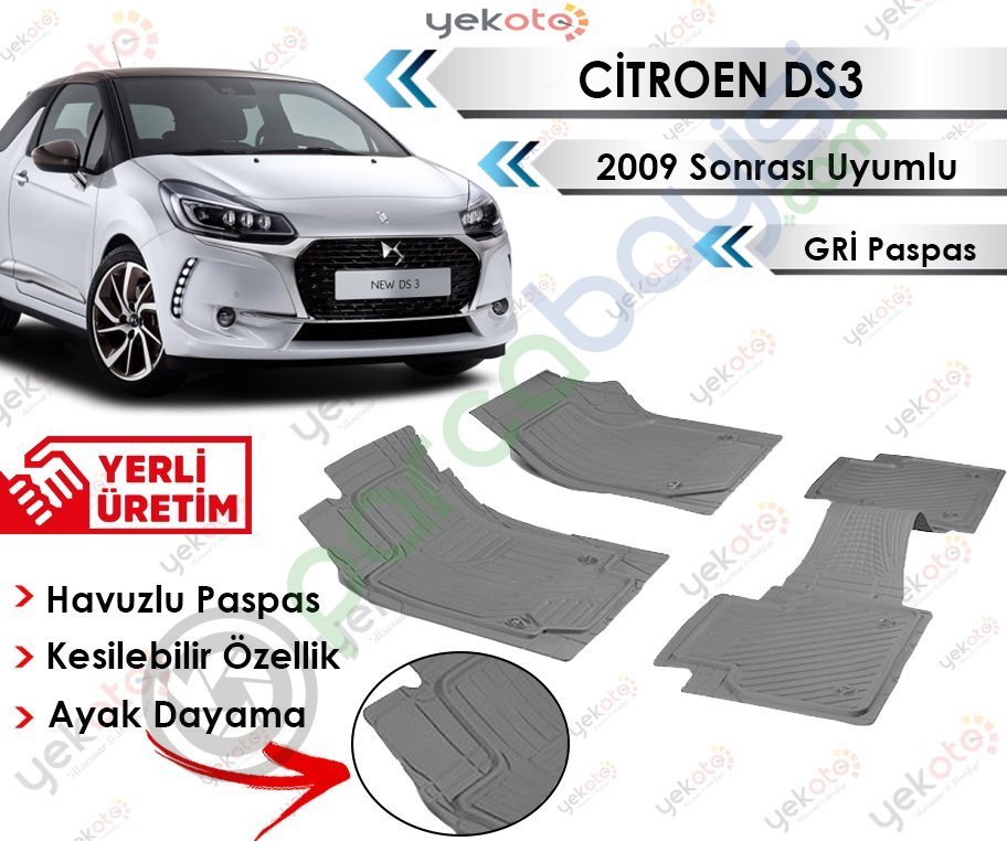 Citroen C3 Ds3 2009 Sonrası Uyumlu Havuzlu Kesilebilir Gri Paspas