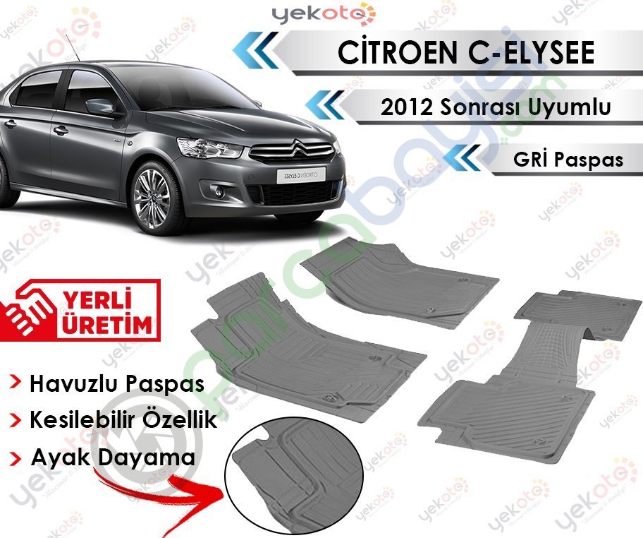Citroen C-Elysee 2012 Sonrası Uyumlu Havuzlu Kesilebilir Gri Paspas