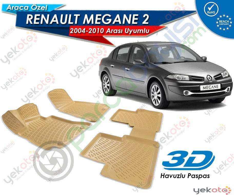 Renault Megane 2 2004-2010 Arası Uyumlu Bej Araca Özel 3D Havuzlu Paspas
