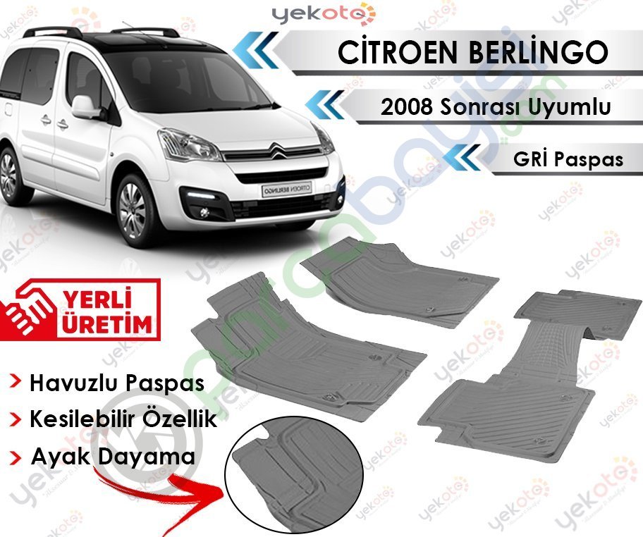 Citroen Berlingo 2008 Sonrası Uyumlu Havuzlu Kesilebilir Gri Paspas