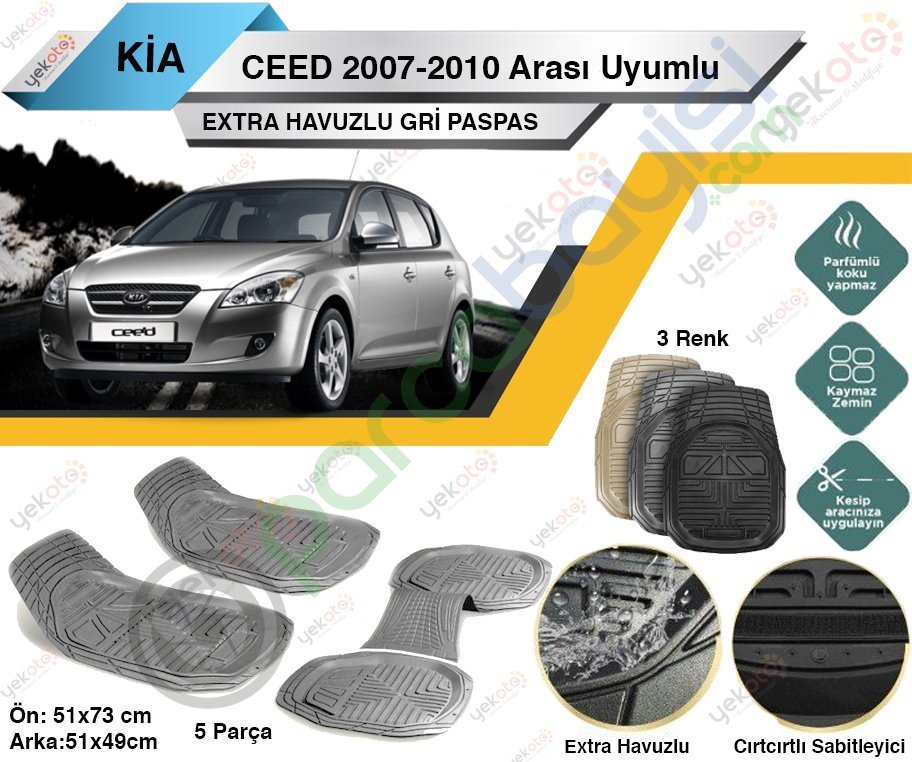 Kia Ceed 2007-2010 Arası Uyumlu Extra Havuzlu Kesilebilir Gri Paspas
