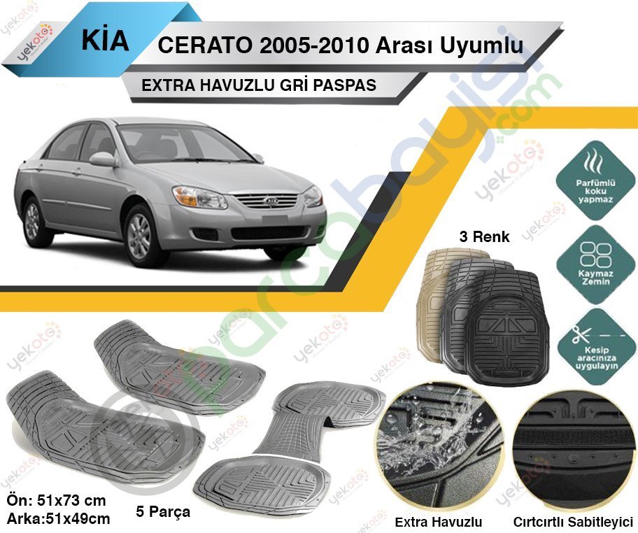 Kia Cerato 2005-2010 Arası Uyumlu Extra Havuzlu Kesilebilir Gri Paspas