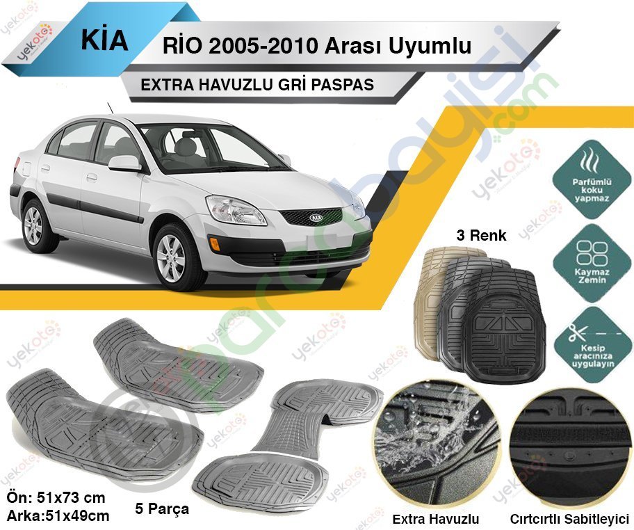 Kia Rio 2005-2010 Arası Uyumlu Extra Havuzlu Kesilebilir Gri Paspas