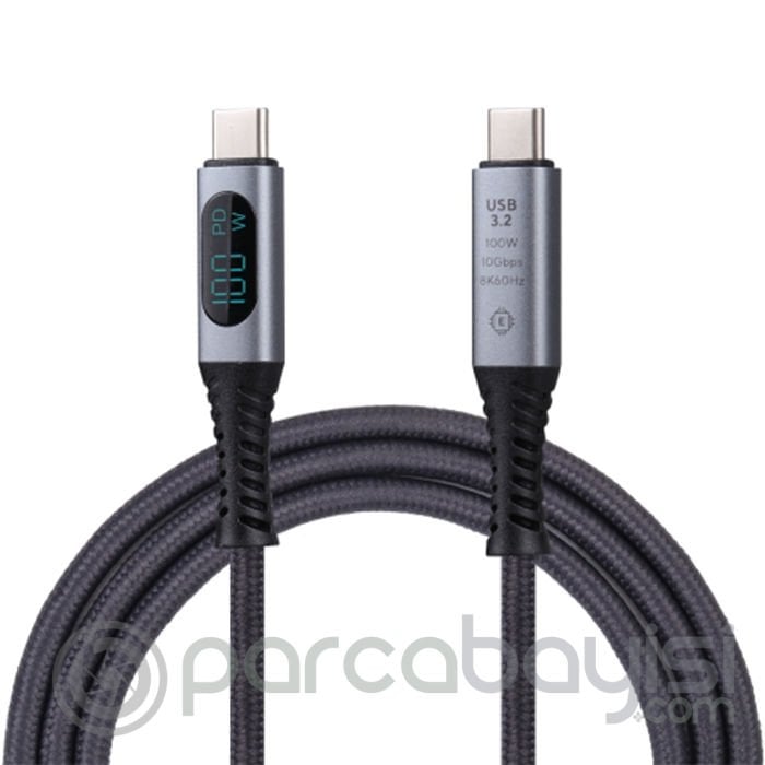 Ally USB. 3.2 100W Type-C to Type-C Dijital Göstergeli 8K Görüntü-Data ve Hızlı Şarj Kablosu 1m