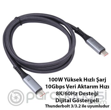 Ally USB. 3.2 100W Type-C to Type-C Dijital Göstergeli 8K Görüntü-Data ve Hızlı Şarj Kablosu 1m