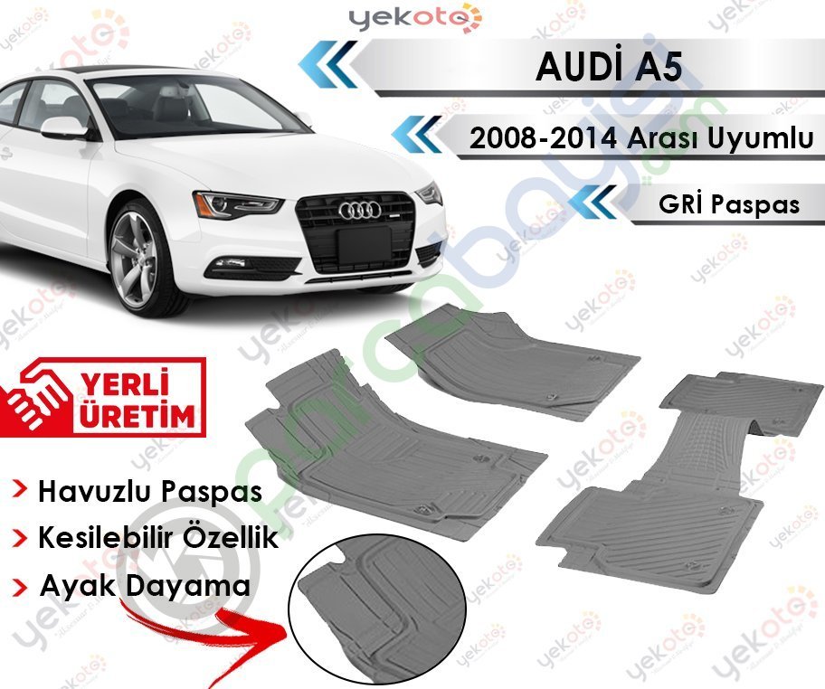 Audi A5 2008-2014 Arası Uyumlu Havuzlu Kesilebilir Gri Paspas
