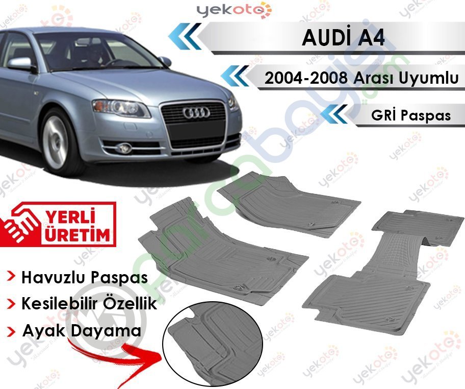 Audi A4 2004-2008 Arası Uyumlu Havuzlu Kesilebilir Gri Paspas