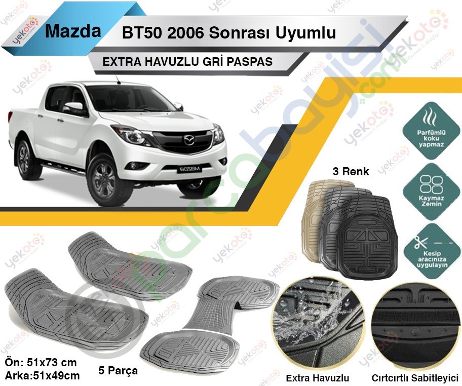 Mazda Bt50 2006 Sonrası Uyumlu Extra Havuzlu Kesilebilir Gri Paspas