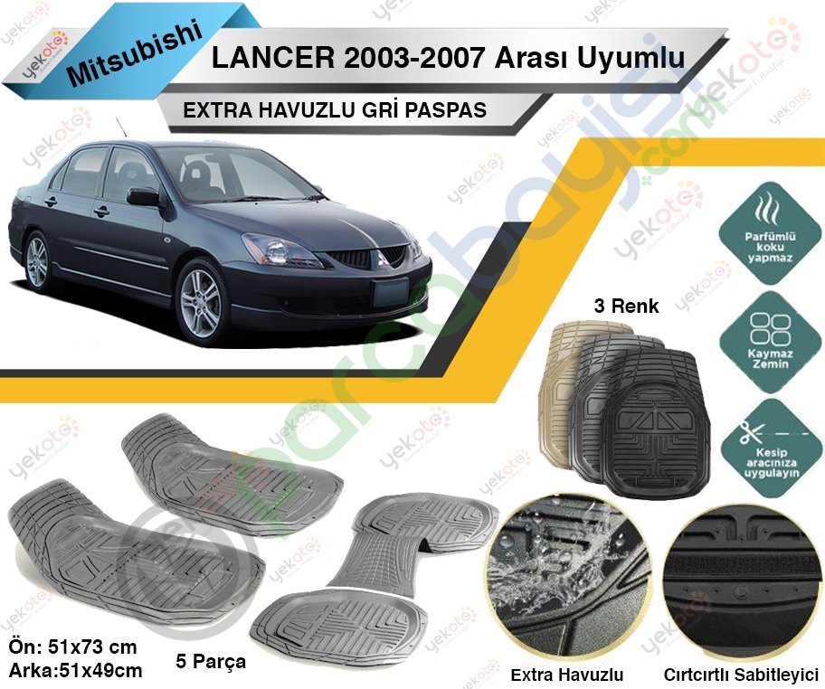 Mitsubishi Lancer 2003-2007 Arası Uyumlu Extra Havuzlu Kesilebilir Gri Paspas