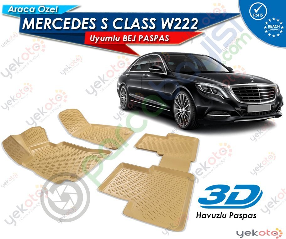 Mercedes S Serisi W222 Uyumlu Bej Araca Özel 3D Havuzlu Paspas