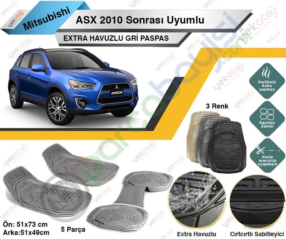 Mitsubishi Asx 2010 Sonrası Uyumlu Extra Havuzlu Kesilebilir Gri Paspas