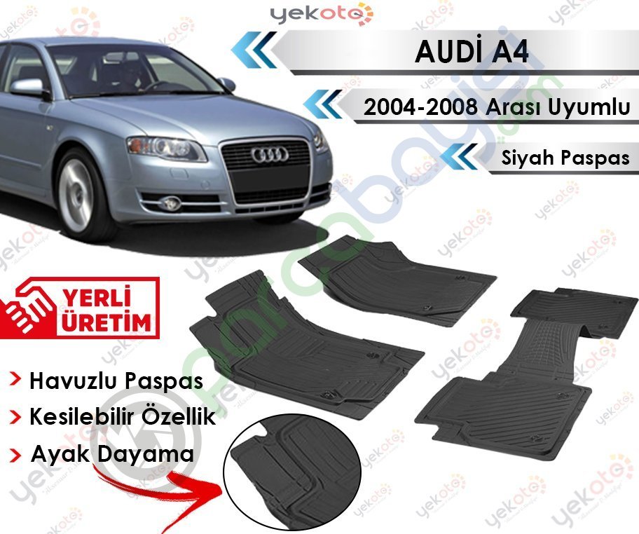 Audi A4 2004-2008 Arası Uyumlu Havuzlu Kesilebilir Siyah Paspas