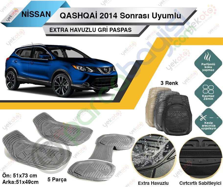 Nissan Qashqai 2014 Sonrası Uyumlu Extra Havuzlu Kesilebilir Gri Paspas