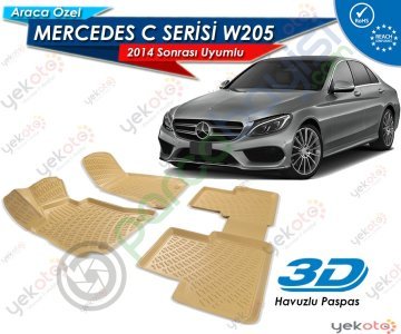 Mercedes C W205 2014 Sonrası Uyumlu Araca Özel Bej 3D Havuzlu Paspas
