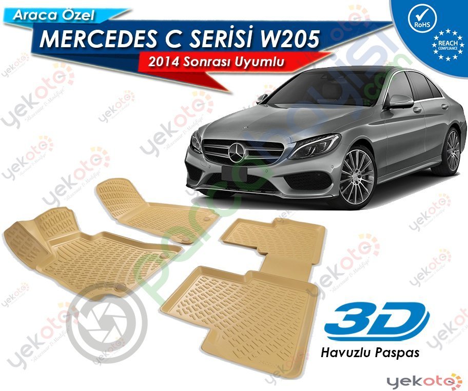 Mercedes C W205 2014 Sonrası Uyumlu Araca Özel Bej 3D Havuzlu Paspas