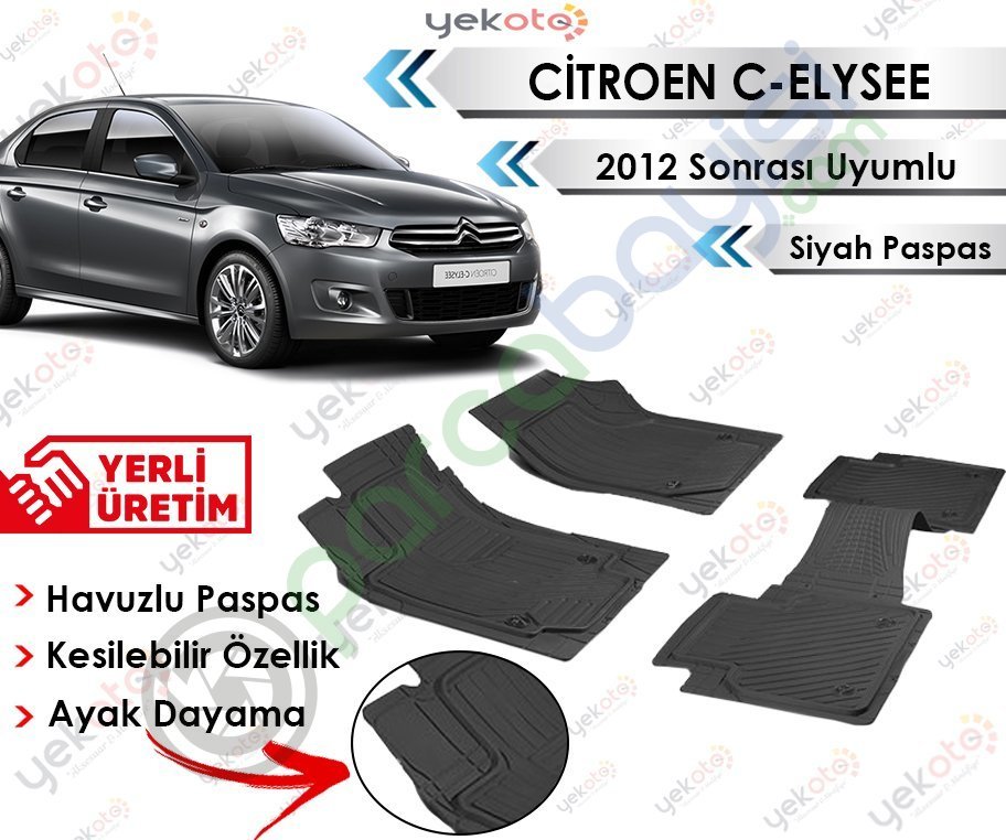 Citroen C-Elysee 2012 Sonrası Uyumlu Havuzlu Kesilebilir Siyah Paspas