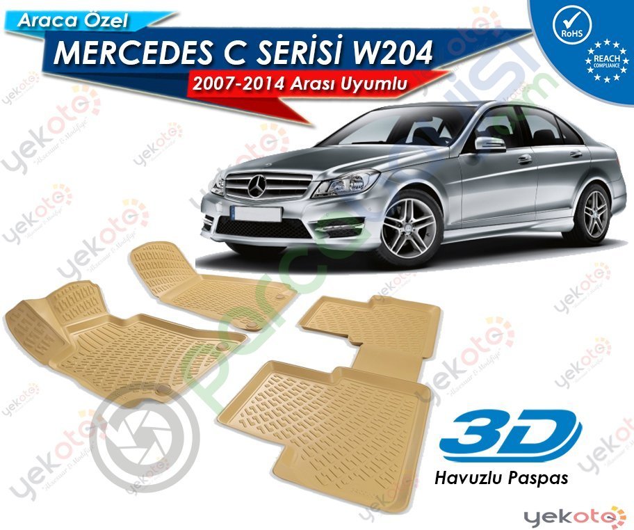 Mercedes C W204 2007-2014 Arası Uyumlu Bej Araca Özel 3D Havuzlu Paspas