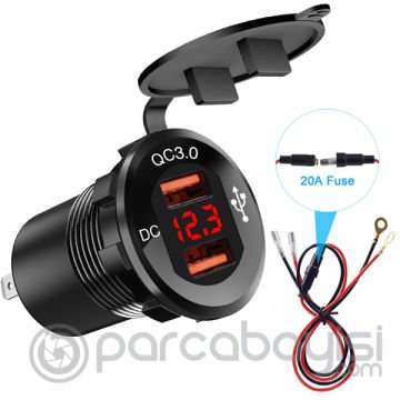 ALLY QC 3.0 Motosiklet Araba Dual USB Şarj Soket LED Voltmetre Paneli 60cm