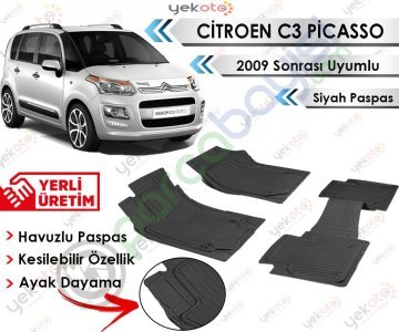 Citroen C3 Picasso 2009 Sonrası Uyumlu Havuzlu Kesilebilir Siyah Paspas