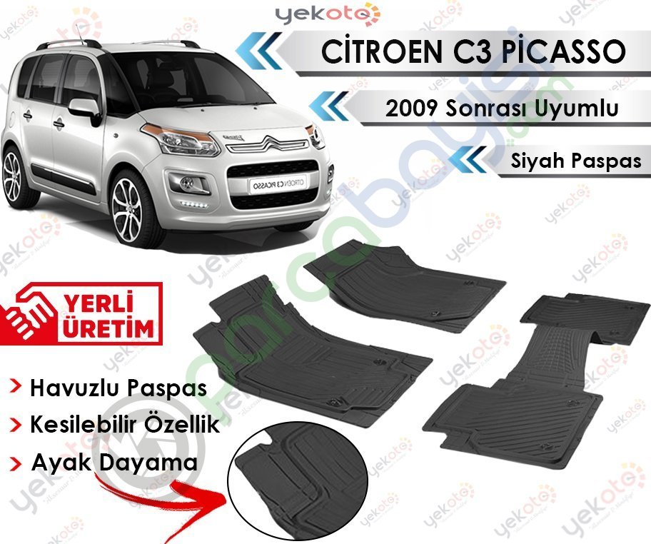 Citroen C3 Picasso 2009 Sonrası Uyumlu Havuzlu Kesilebilir Siyah Paspas