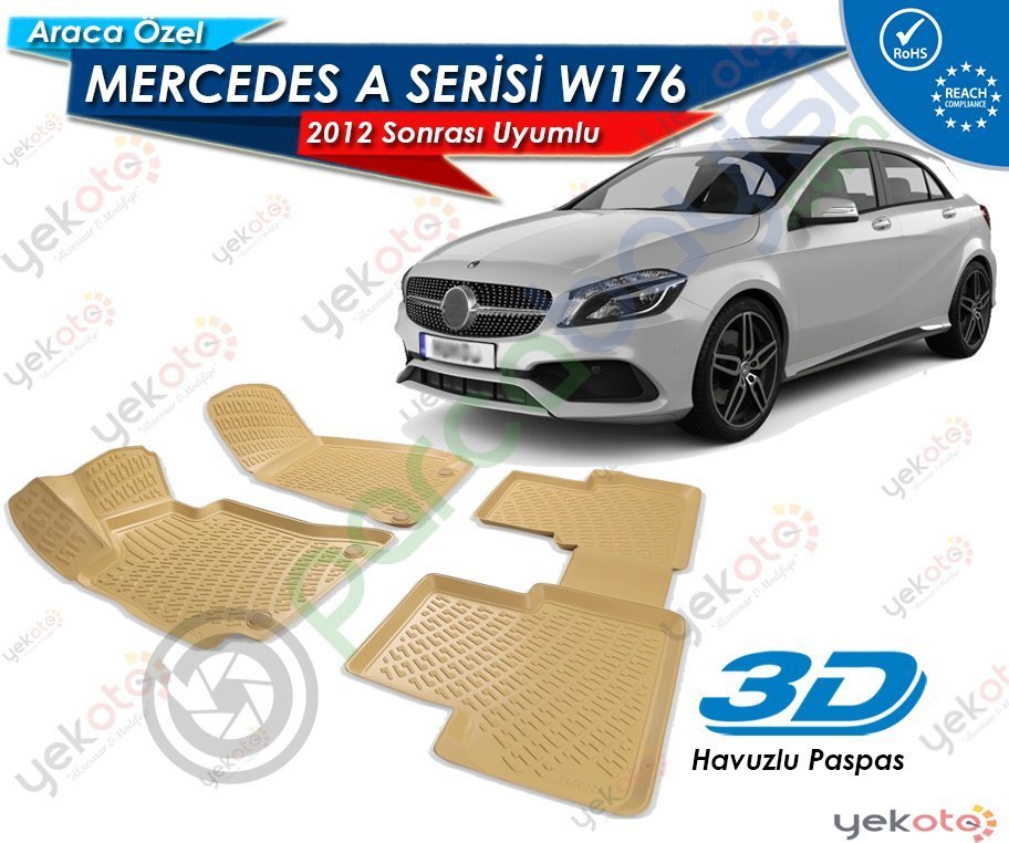 Mercedes A W176 2012 Sonrası Uyumlu Bej Araca Özel 3D Havuzlu Paspas