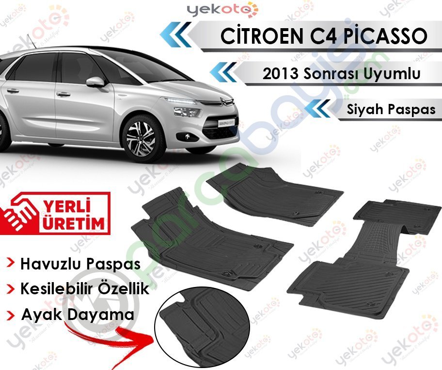 Citroen C4 Picasso 2013 Sonrası Uyumlu Havuzlu Kesilebilir Siyah Paspas