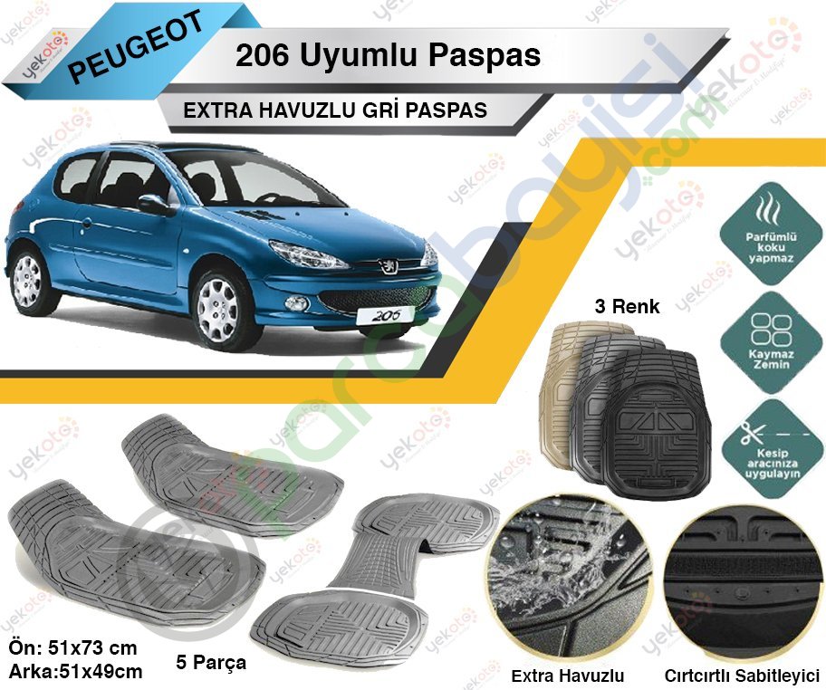 Peugeot 206 Uyumlu Extra Havuzlu Kesilebilir Gri Paspas