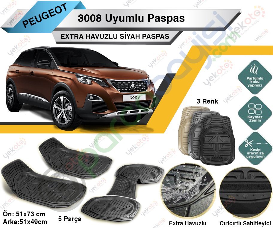 Peugeot 3008 Uyumlu Extra Havuzlu Kesilebilir Gri Paspas