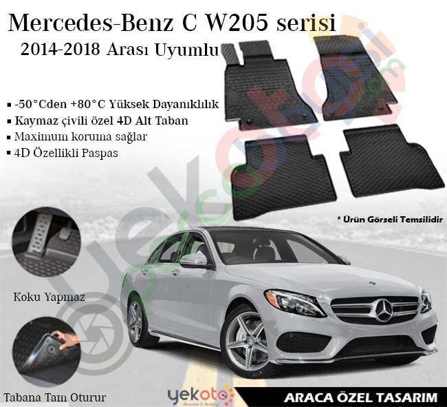 Mercedes C W205 Serisi 2014-2018 Arası Uyumlu Araca Özel Lüks Siyah Paspas
