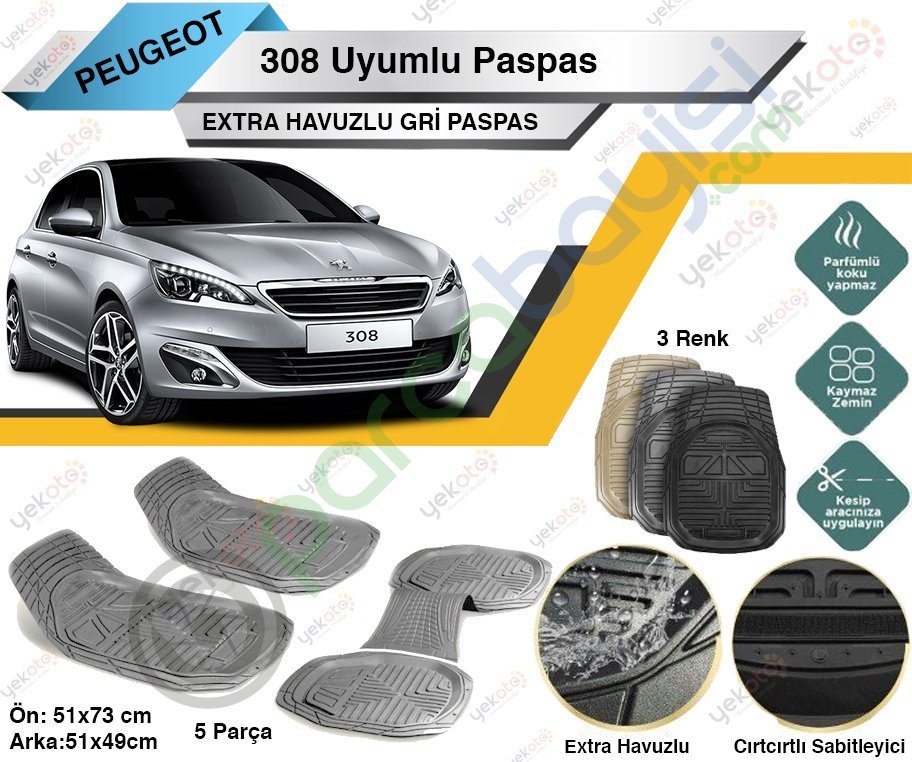 Peugeot 308 Uyumlu Extra Havuzlu Kesilebilir Gri Paspas