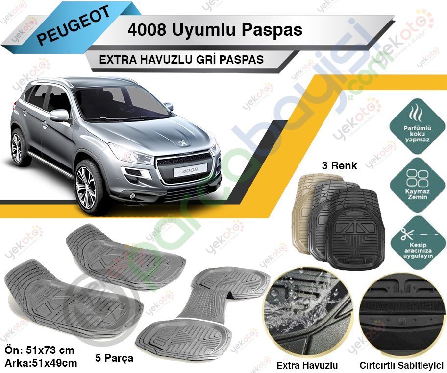 Peugeot 4008 Uyumlu Extra Havuzlu Kesilebilir Gri Paspas