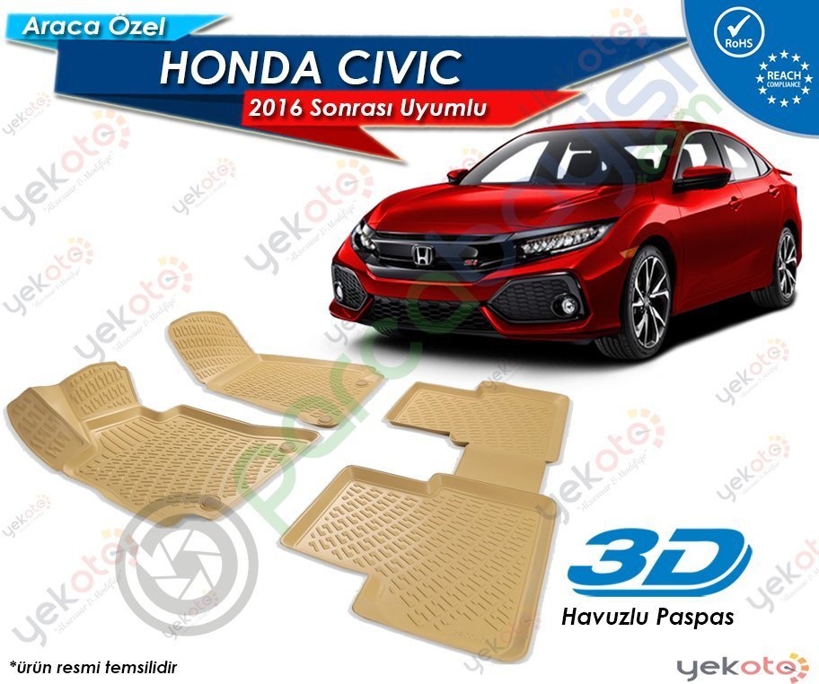 Honda Civic 2016 Sonrası Uyumlu Bej Araca Özel 3D Havuzlu Paspas