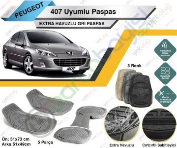 Peugeot 407 Uyumlu Extra Havuzlu Kesilebilir Gri Paspas