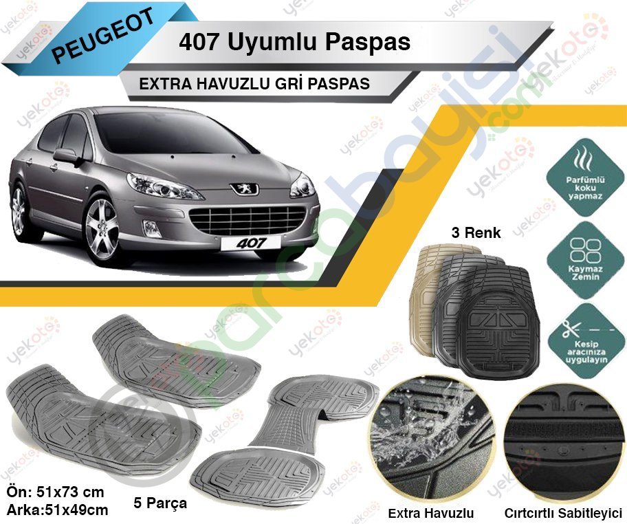 Peugeot 407 Uyumlu Extra Havuzlu Kesilebilir Gri Paspas