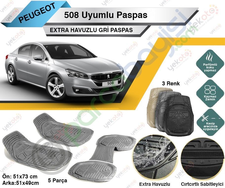 Peugeot 508 Uyumlu Extra Havuzlu Kesilebilir Gri Paspas