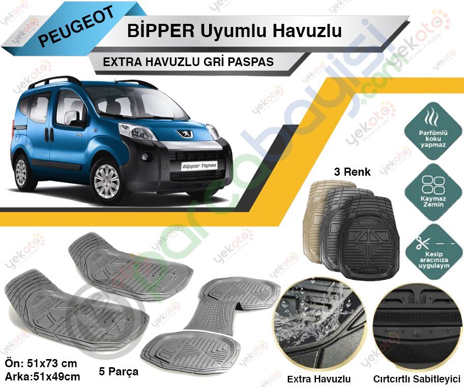 Peugeot Bipper Uyumlu Extra Havuzlu Kesilebilir Gri Paspas