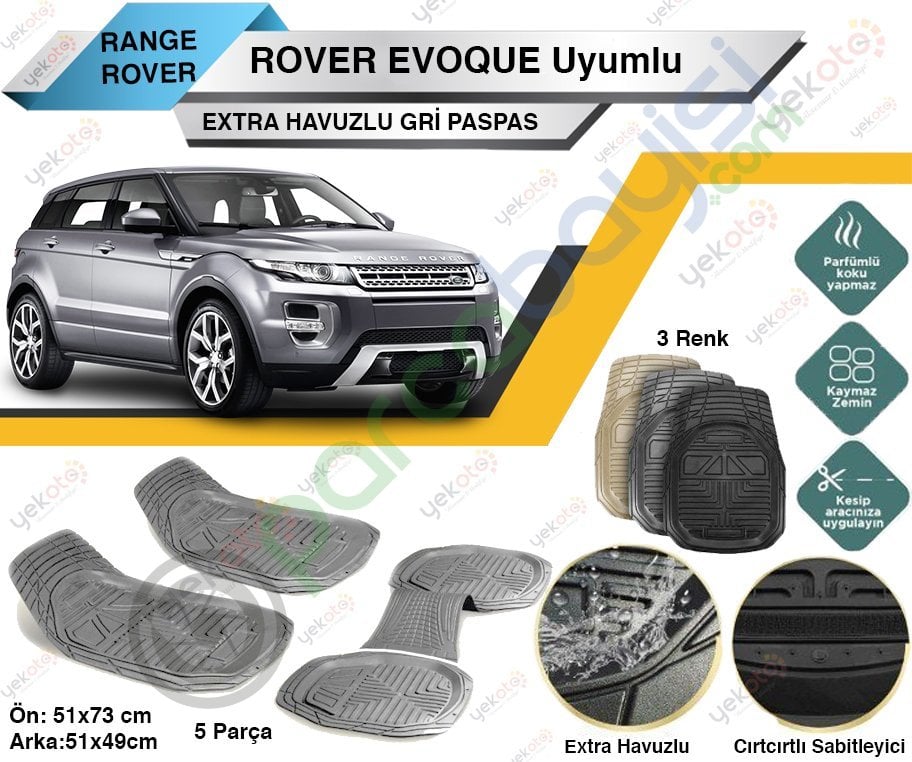 Range Rover Evoque Uyumlu Extra Havuzlu Kesilebilir Gri Paspas